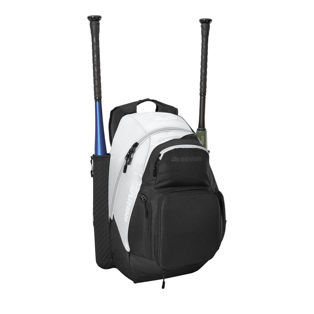 White and black XL bat bag backpack with padded straps, zip pockets, and bat sleeve