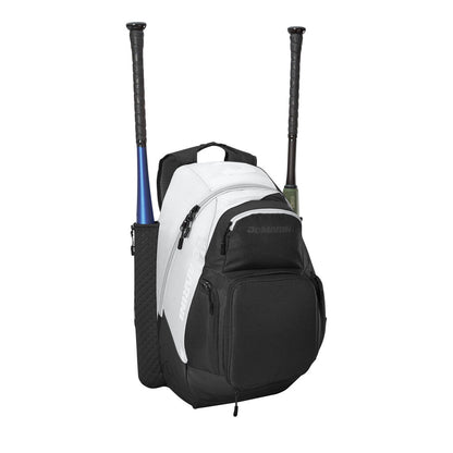 White and black XL bat bag backpack with padded straps, zip pockets, and bat sleeve