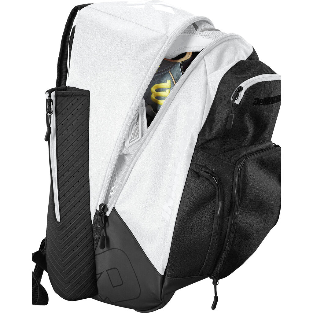 White and black bat bag backpack with side zip pocket, bat sleeve, and padded straps