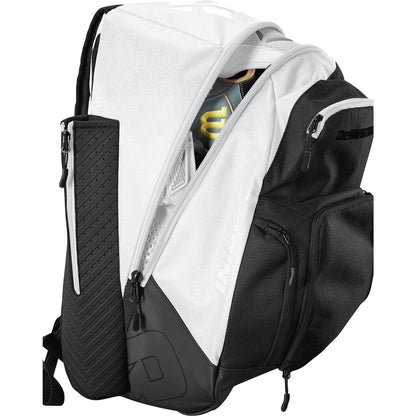 White and black bat bag backpack with side zip pocket, bat sleeve, and padded straps