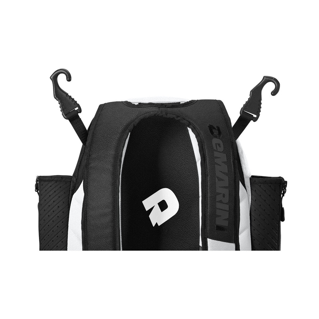 Black and white baseball bat backpack with large front logo and top opening panel