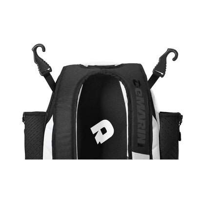 Black and white baseball bat backpack with large front logo and top opening panel