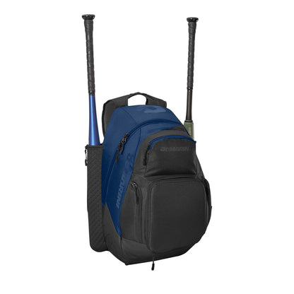 Blue and black XL bat backpack with two upright bat sleeves and front zip pocket