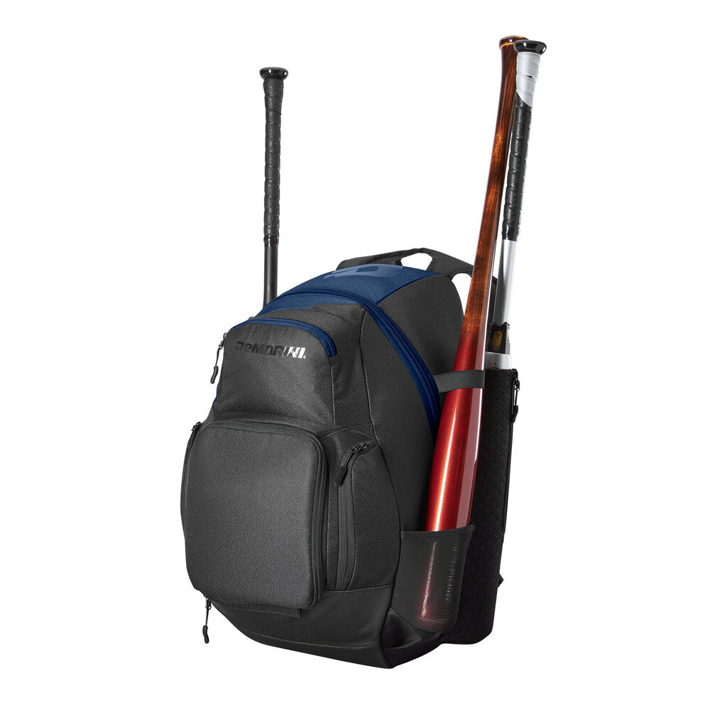 Black and blue bat backpack holding bats with side straps and front storage compartments