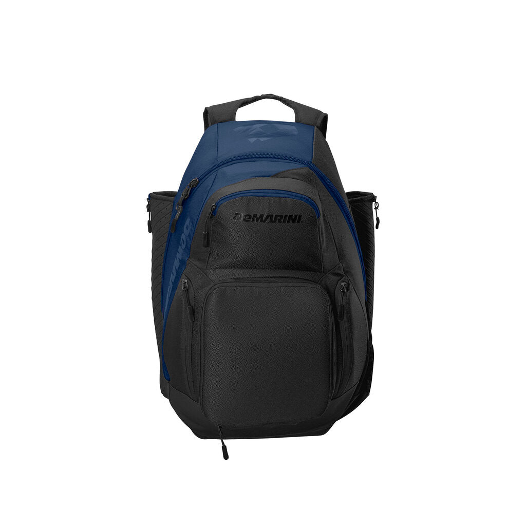 Blue bat backpack with black front panel, curved top handle, and front zip pockets