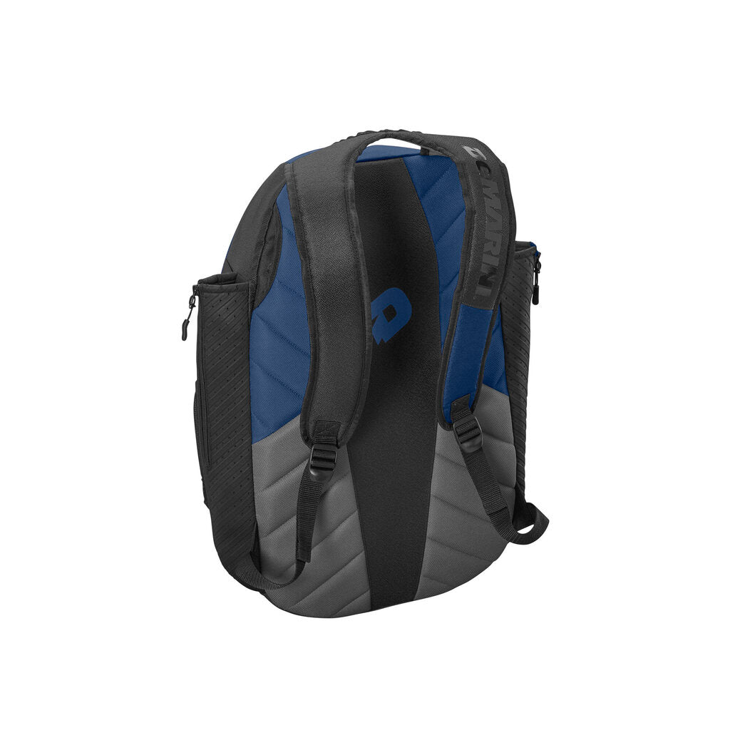Black and blue bat backpack with padded back straps and front logo panel