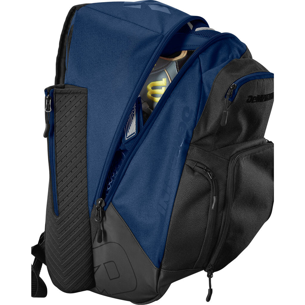 Blue and black bat backpack with mesh side panel, zip compartments, and webbed straps