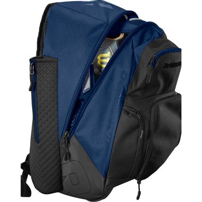 Blue and black bat backpack with mesh side panel, zip compartments, and webbed straps