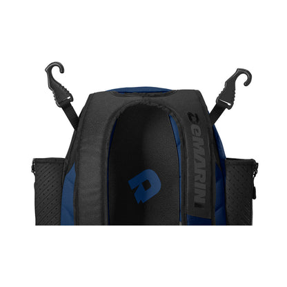 Blue-accent bat backpack with black and blue front panel, bat-holder straps, and logo
