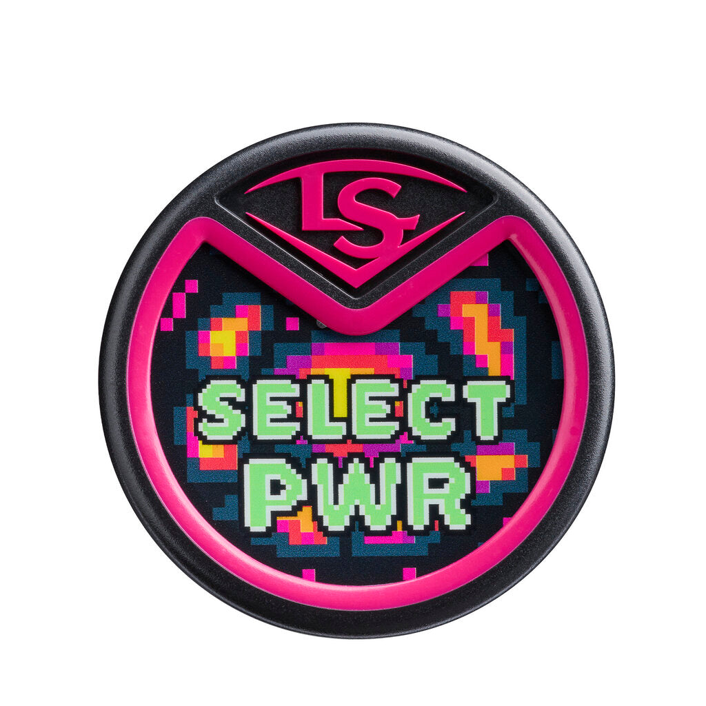 Select PWR bat end cap with black rim, neon pink LS logo and multicolor pattern text