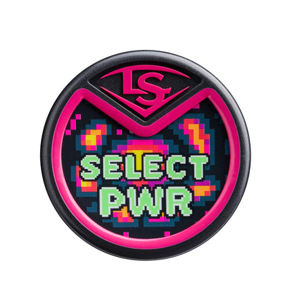 Select PWR bat end cap with black rim, neon pink LS logo and multicolor pattern text