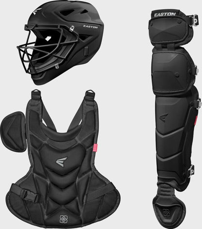 Black youth catcher gear set with helmet, chest protector, and leg guards