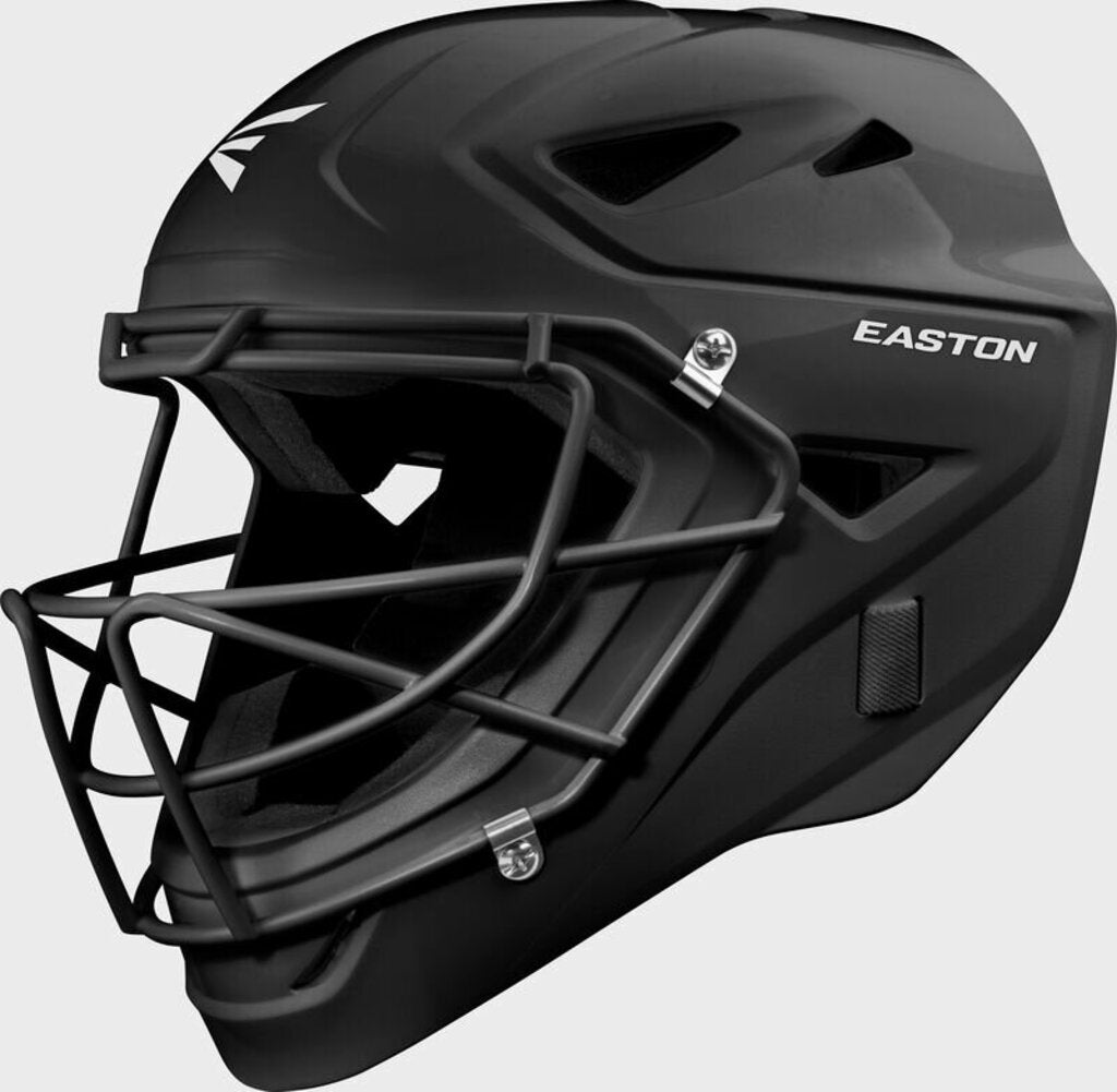 Black youth catcher helmet with metal face cage