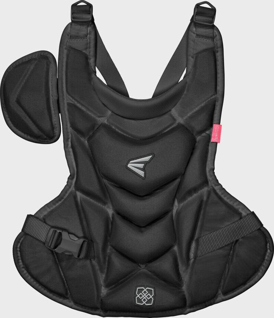 Black youth chest protector with padded shoulders and snap straps