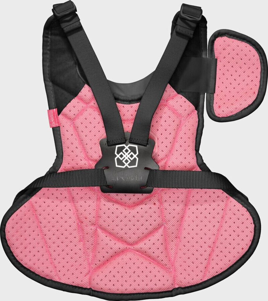 Pink and black youth catcher chest protector with star-pattern lining