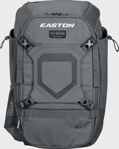 Charcoal baseball bat backpack with Easton logo, front shield panel, front zip pocket