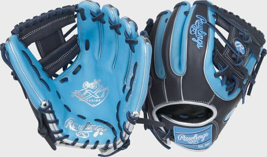 Baseball glove in navy and light blue with open web and lace-up finger loops