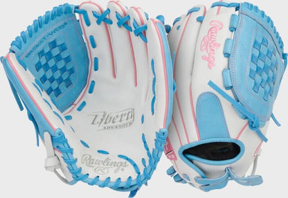 Two-tone white and light blue fastpitch softball glove with blue woven web and laces