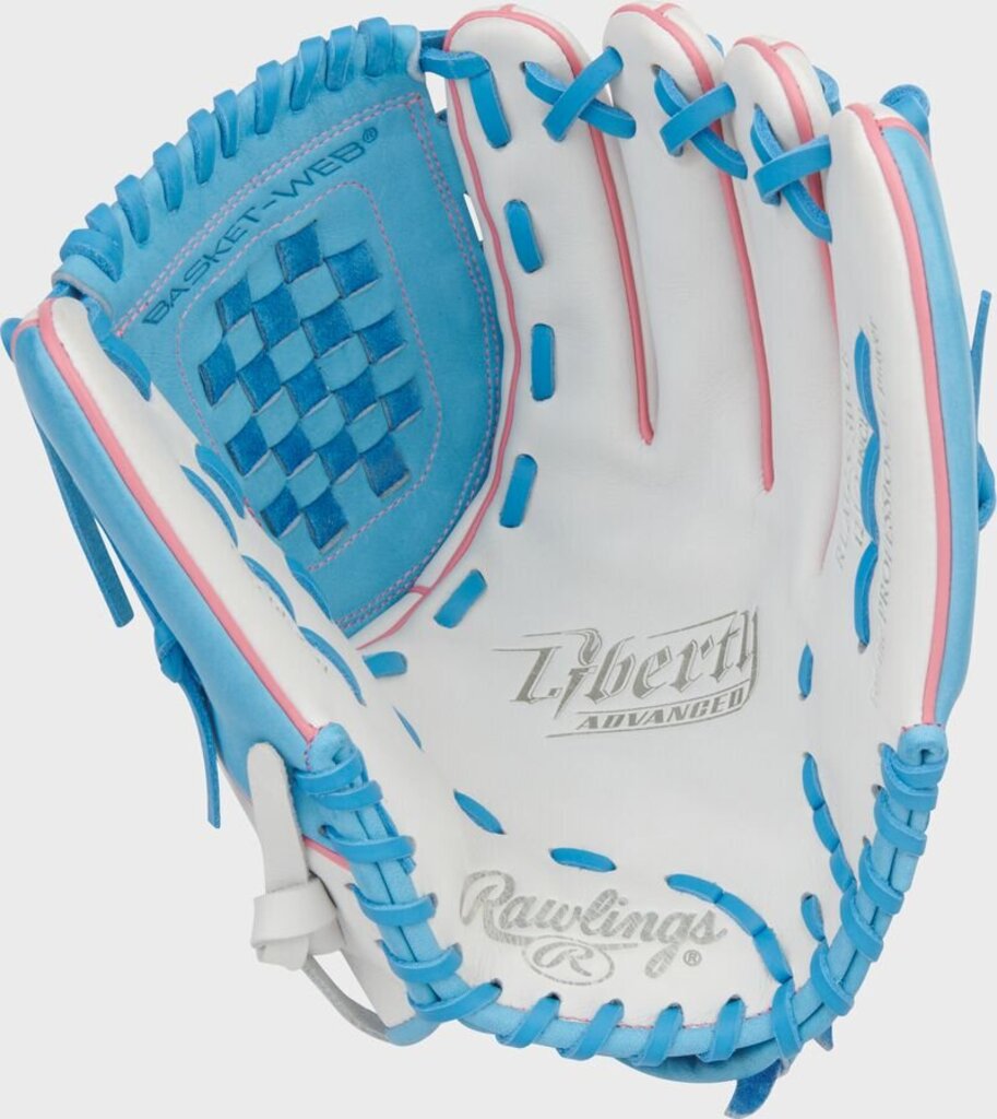 Light blue and white fastpitch softball glove with blue web and stitched pocket