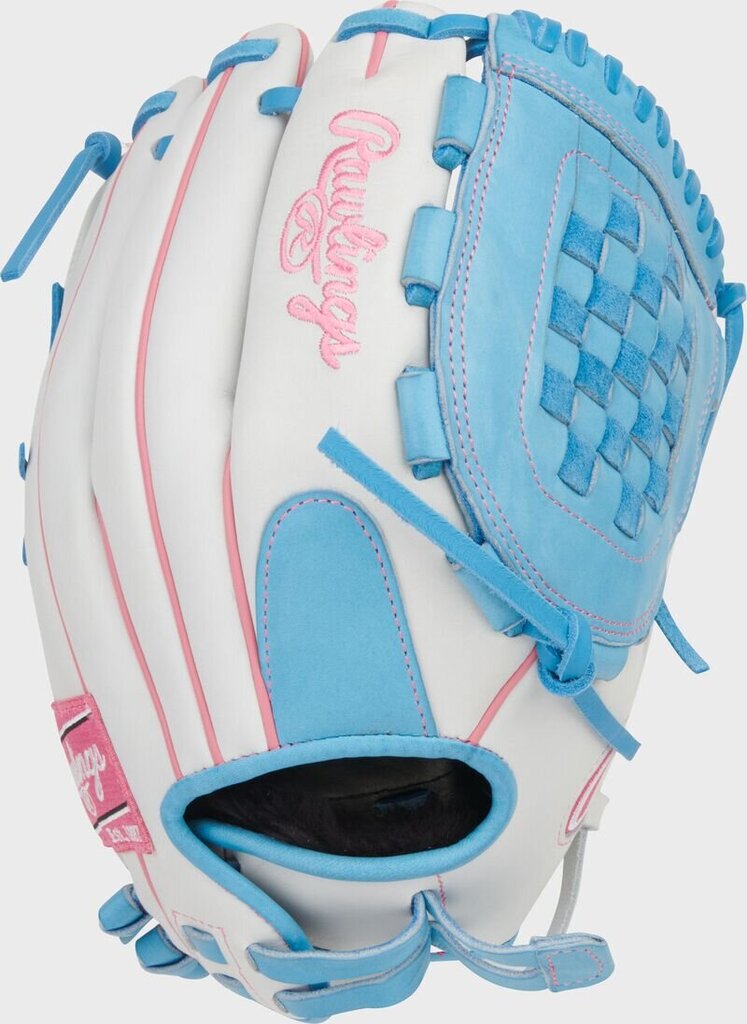 White and light blue softball glove with pink/red laces and open black palm pocket