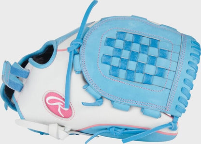 Light blue and white fastpitch softball glove with woven inset and black palm pocket