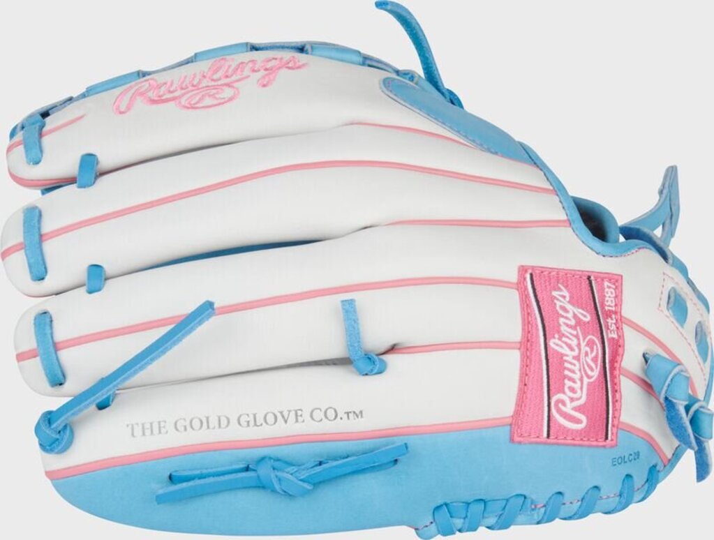 White fastpitch softball glove with light blue and pink laces and stitched logo patch
