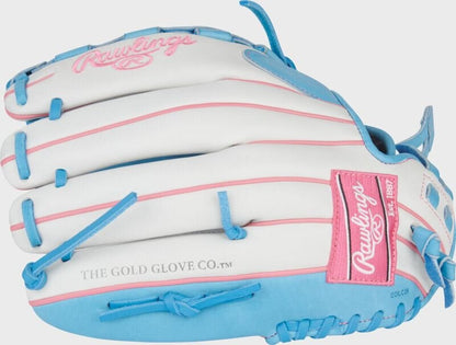 White fastpitch softball glove with light blue and pink laces and stitched logo patch