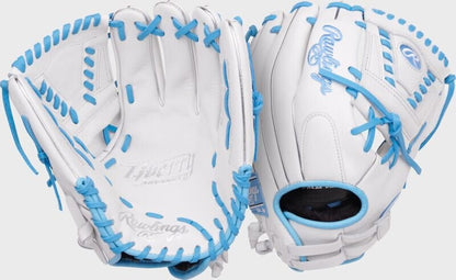 Fastpitch softball glove in white with light blue lacing, two-panel front view