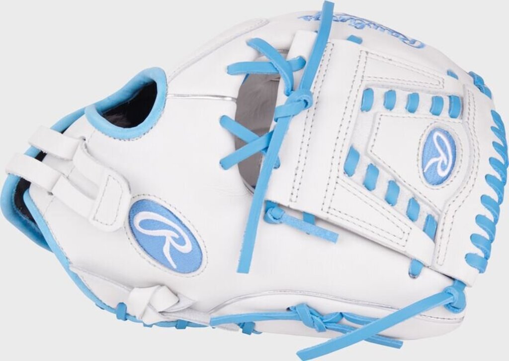 Fastpitch softball glove in white with light blue lacing, finger stalls and web straps