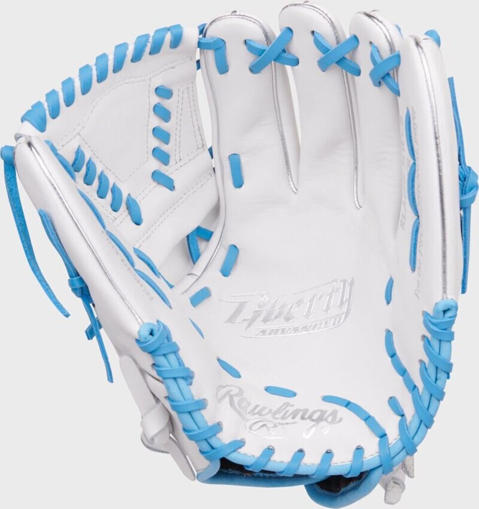 Fastpitch softball glove in white with light blue lacing and wrist wrap, side view