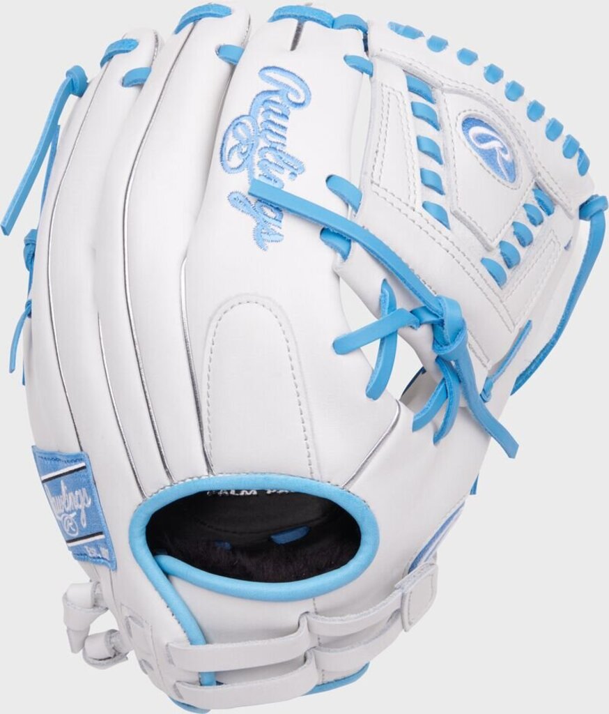 Fastpitch softball glove in white with light blue accents, open pocket view