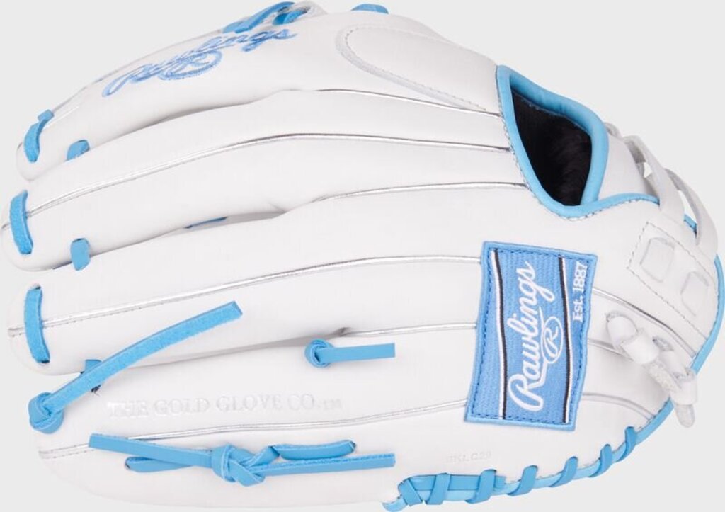 Fastpitch softball glove in white with light blue lacing, backhand and logo patch view