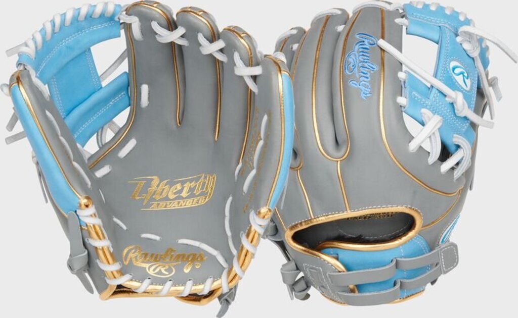Fastpitch softball glove in dark grey with light blue accents, white lacing, gold trim.