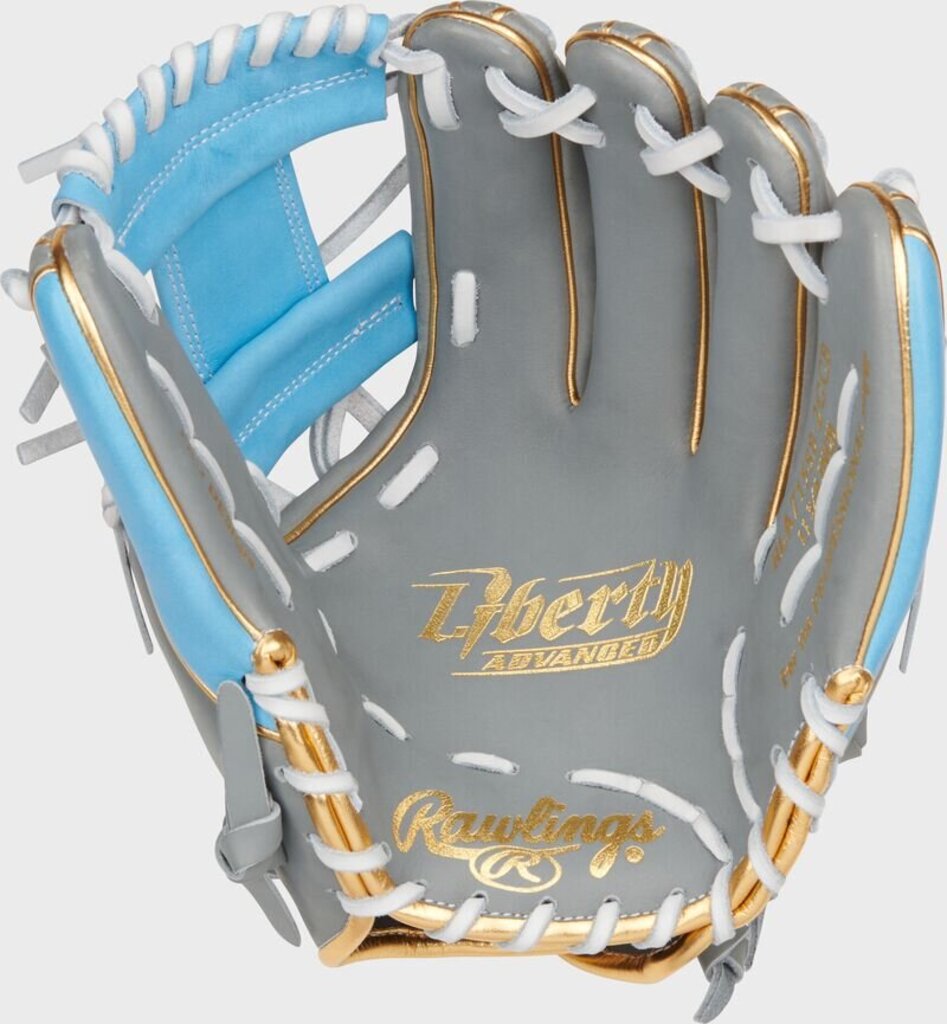 Fastpitch softball glove, dark grey palm with light blue web and white laces, gold piping.