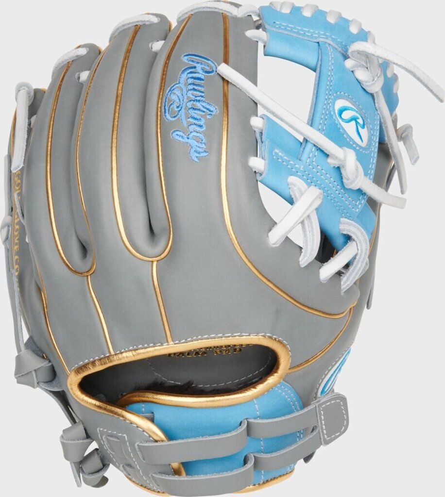 Fastpitch softball glove with dark grey leather, light blue wrist strap, white lacing, gold edging.