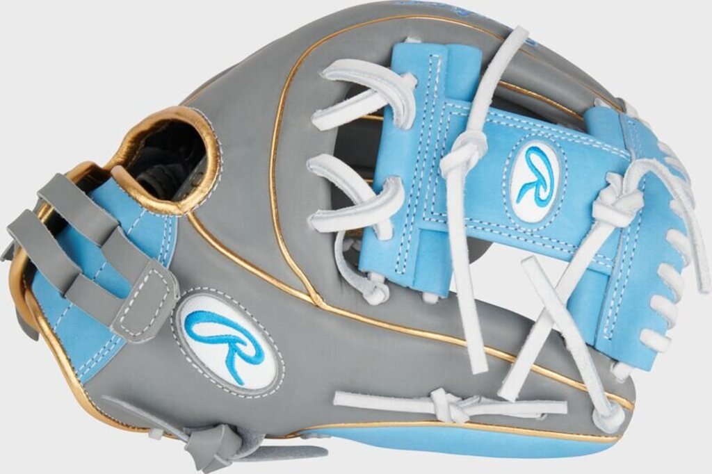 Fastpitch softball glove, dark grey shell with light blue pocket and web, white laces.