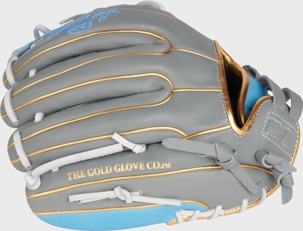 Fastpitch softball glove in dark grey with light blue highlights and gold-lined seams, white laces.