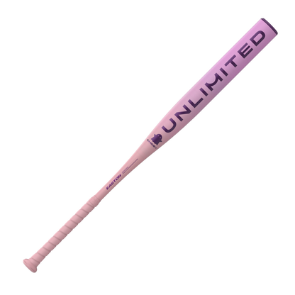 Purple fastpitch softball bat angled view with “UNLIMITED” text along the barrel.