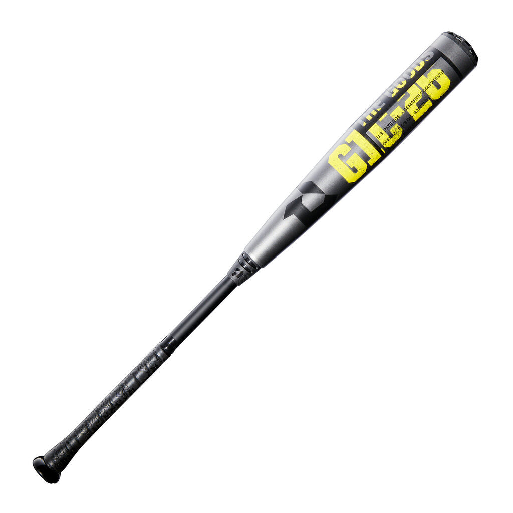 Gunmetal BBCOR baseball bat angled view with yellow lettering and black end cap