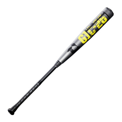 Gunmetal BBCOR baseball bat angled view with yellow lettering and black end cap