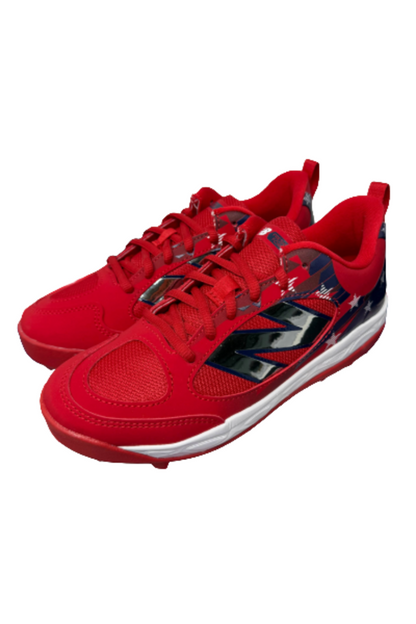 Youth molded cleats with red upper, navy accents, and white midsole