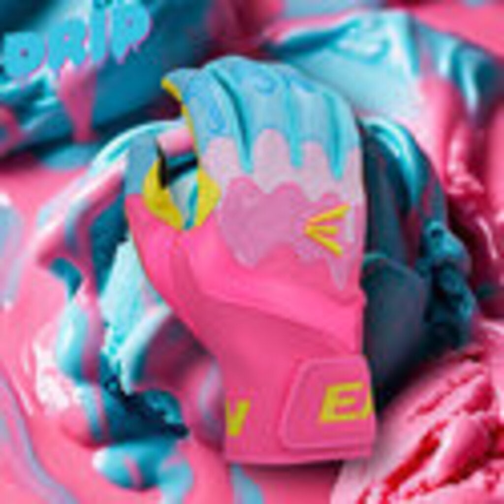 Baseball batting gloves in light blue and hot pink with Drip-style knuckle pattern