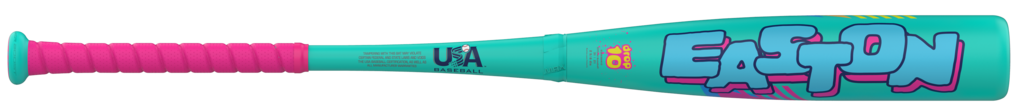 Teal baseball bat with pink grip and Spring Break graphic logo