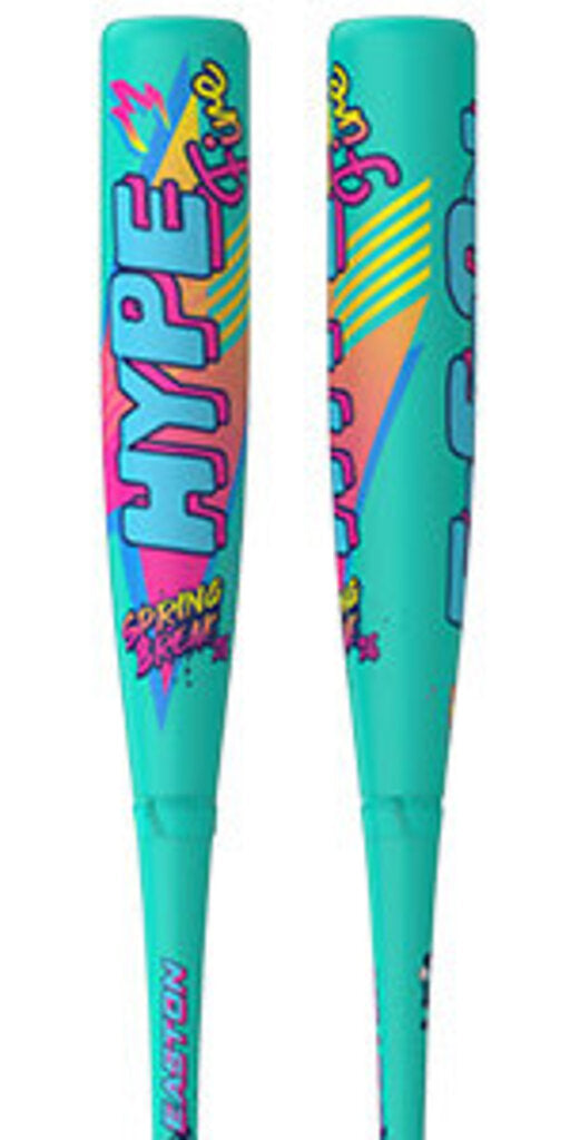 Two teal baseball bats with pink grip and Spring Break graphic designs