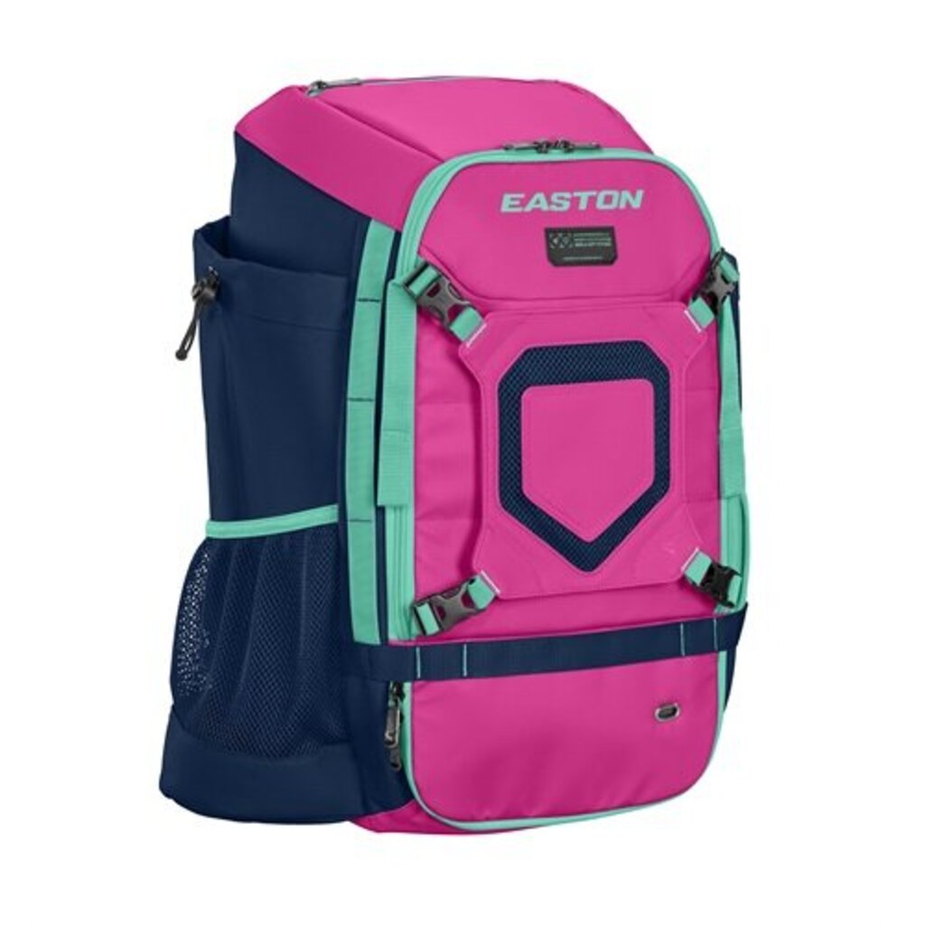 Pink backpack bat bag with mint trim and navy side pocket