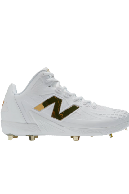 White baseball cleat with gold New Balance logo and metal stud outsole