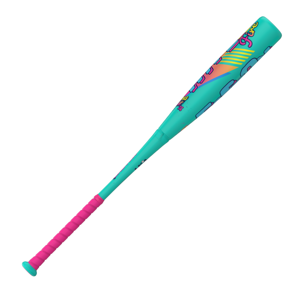 Teal baseball bat with pink grip and Spring Break graphics, angled view