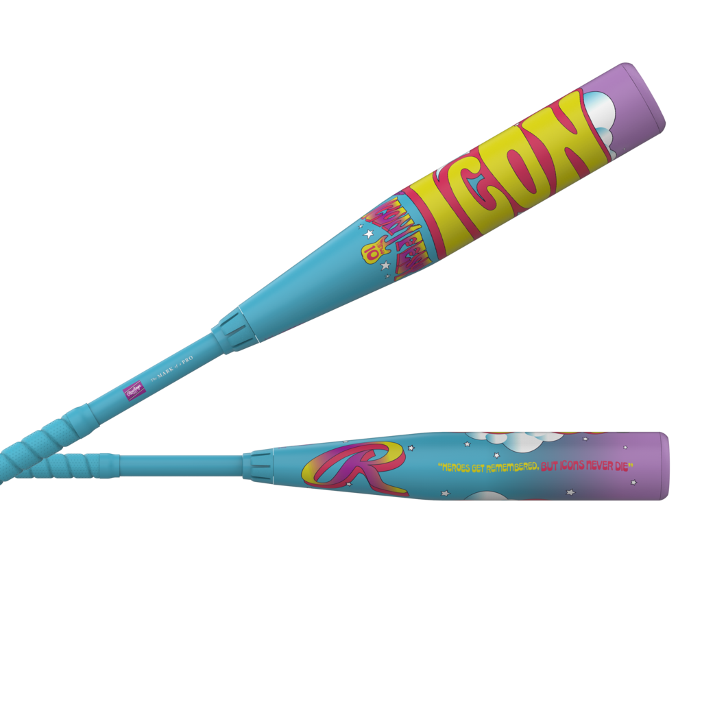 Two views of teal and purple baseball bat with colorful barrel decals and grip