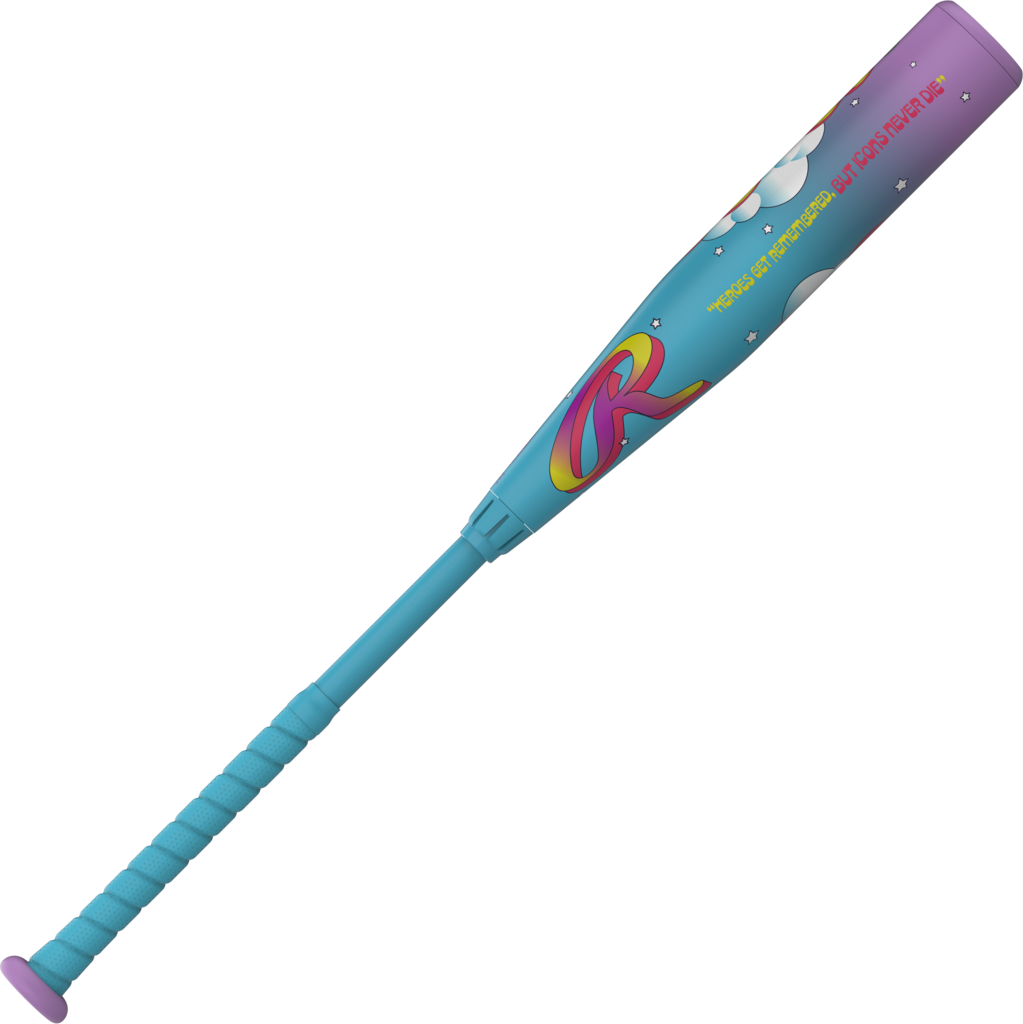 Blue and purple USSSA baseball bat with colorful decals and purple handle grip