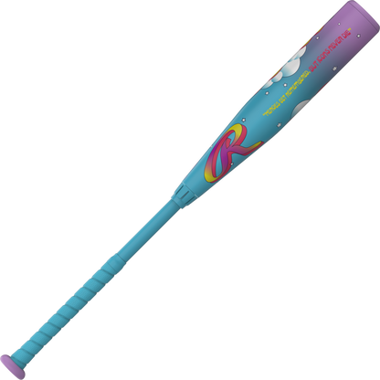 Blue and purple USSSA baseball bat with colorful decals and purple handle grip